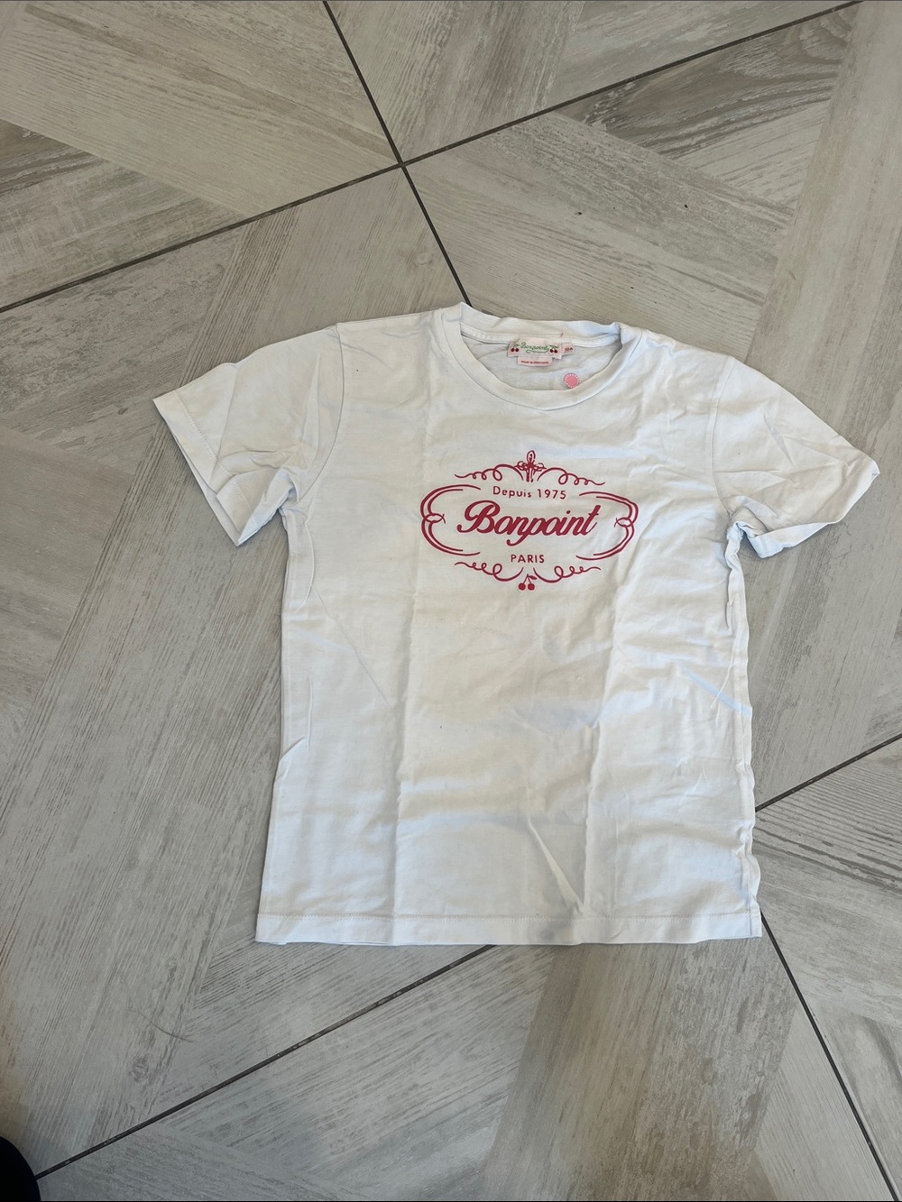 Bonpoint White Tee with Pink Logo Print
